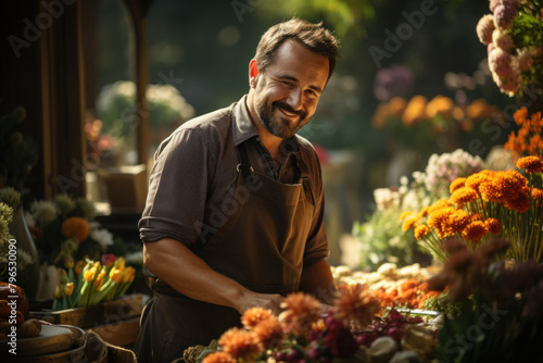 Happy man florist arranges flowers in a bouquet in the middle of a flower shop © sofiko14