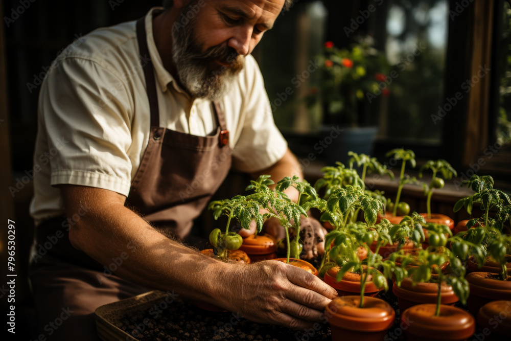 A close-up view of the hands of a man who grows home tomatoes A close-up view of the hands of a man who grows home tomatoes