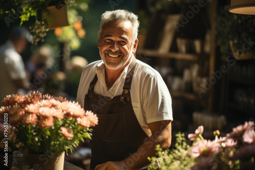Happy man florist arranges flowers in a bouquet in the middle of a flower shop