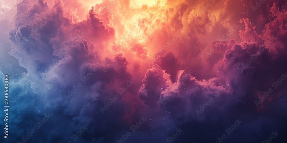 A colorful cloud filled with stars and a bright yellow sun