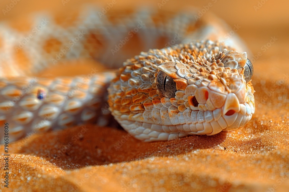 Sidewinder Rattlesnake: Moving across desert sand with characteristic sidewinding motion, showing adaptation Sidewinder Rattlesnake: Moving across desert sand with characteristic sidewinding motion, showing adaptation