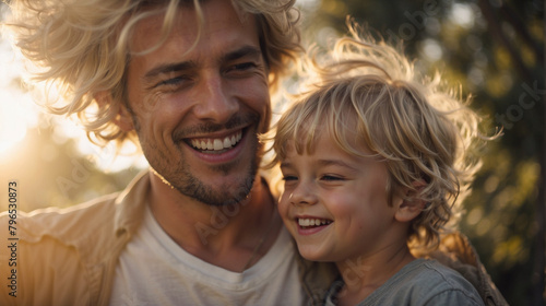 Close-up portrait of a young Caucasian man with his son outdoors, smiling. Happy blond American father carrying playing with his little son on a walk in the park. Family love concept. 