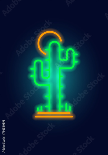 Fashion cactus neon sign. Night bright signboard, Glowing light. Summer logo, emblem for Club or bar concept