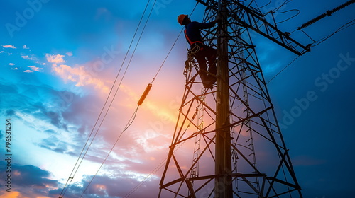 silhouette of a lineman on steel tower with sunset background photo