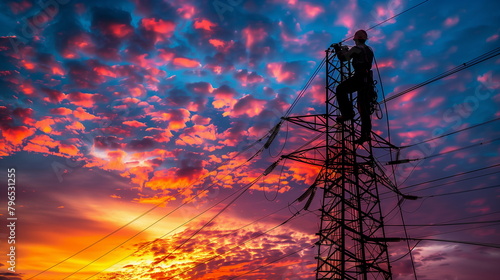 silhouette of a lineman on steel tower with sunset background