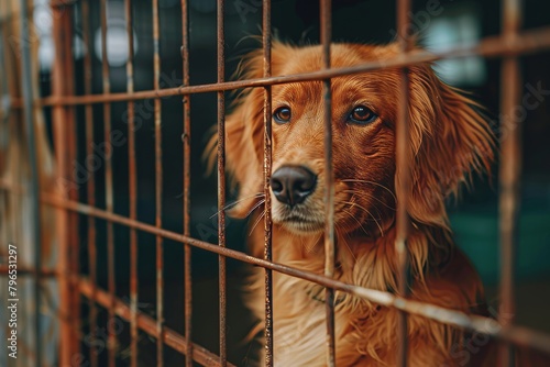 Lonely stray dog in shelter cage, abandoned, hungry, and hopeful for a loving home