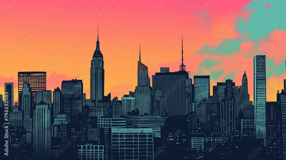 A Line Art Illustration Of A City With Several Skyscraper Buildings. A Line Art Illustration Of A City With Several Skyscraper Buildings.