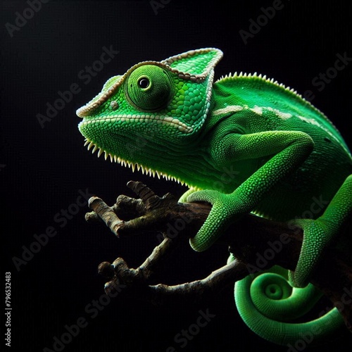  A Green Chameleon, a Lizard That Can Change Its Skin Color to Match Its Surroundings, Sits on a Branch in the Dark © Mohammad