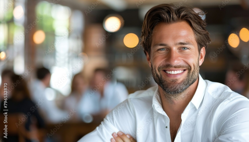 Cheerful young businessman in team meeting, with blurred background for text placement