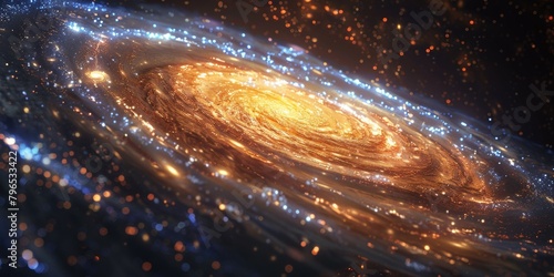 A spiral galaxy with a bright yellow center and blue and orange swirls