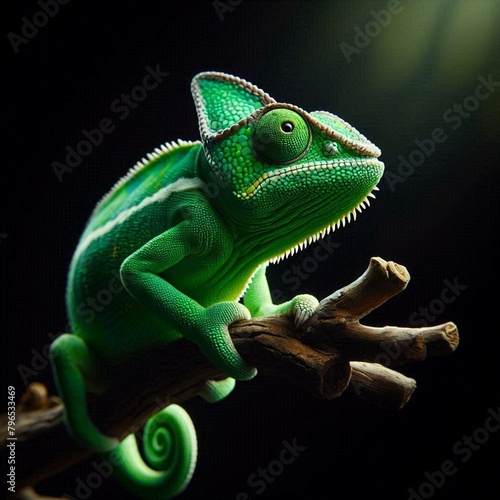 A green chameleon is perched on a branch, its eyes closed in contentment. The sunlight is shining down on the chameleon, making its scales glisten. © Mohammad