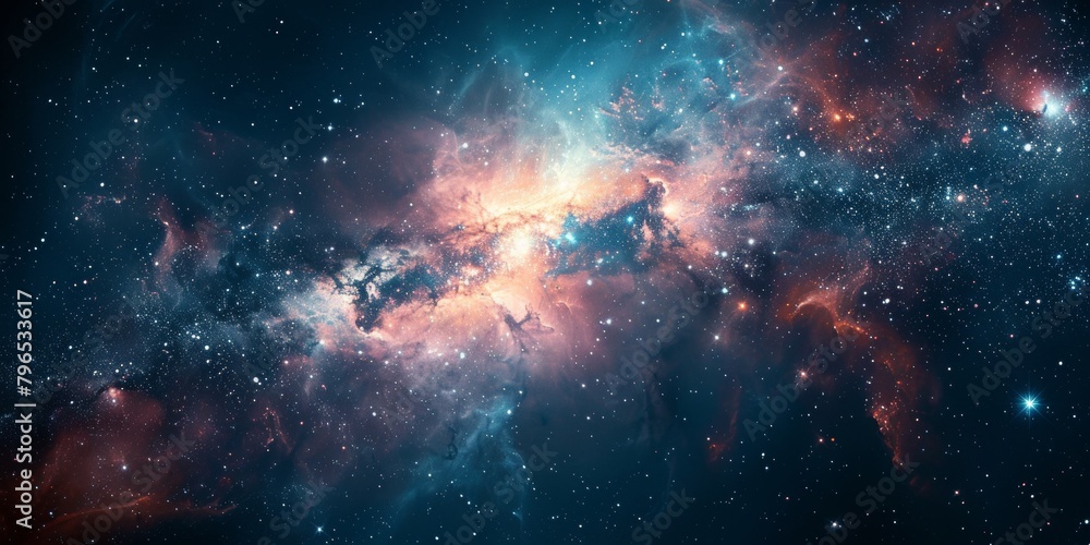 A beautiful, colorful galaxy with a large, bright star in the center A beautiful, colorful galaxy with a large, bright star in the center