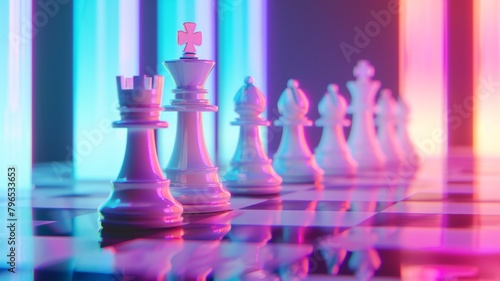 Chess pieces in neon light. Board game. A competitive concept. Trendy colors