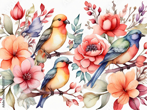 Watercolor hand drawn seamless pattern with beautiful flowers and colorful birds on white background