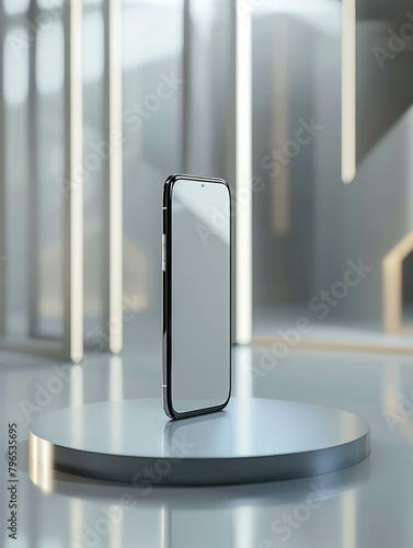 Digital device presentation: mobile phone displayed on stand, AI generative. photo