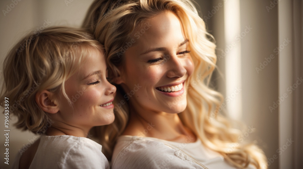 Close up portrait of a sweet little kid laughing while embracing his mother. Beautiful young woman having fun laughing while playing with her small daughter Close up portrait of a sweet little kid laughing while embracing his mother. Beautiful young woman having fun laughing while playing with her small daughter