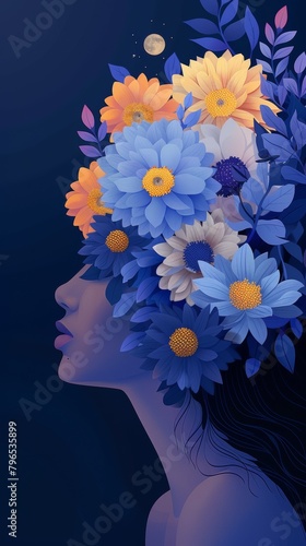 A woman's head in profile, with flowers growing out of her head. The flowers are blue, orange, and white. The background is dark blue. © peeradol