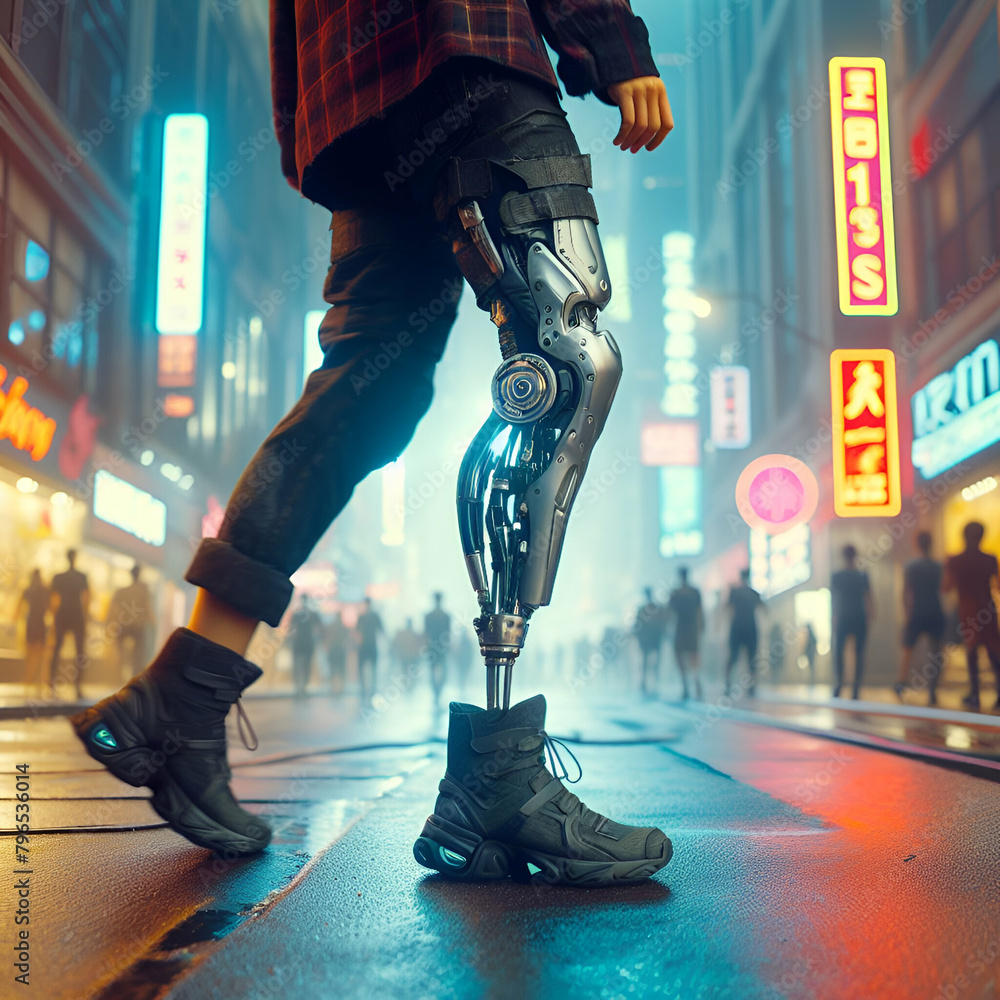 Fototapeta premium Futuristic Electronic Robot Prosthetic Leg Parts No Skin & Muscles Stepping Technology of Cyberpunk Cyborg Walking Forward Down Cyberspace Street Glow Night Cityscape. Future of Engineer Legs Unfolds