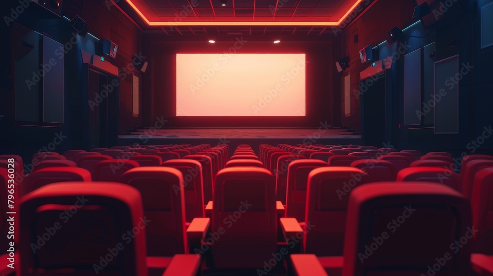 An empty movie theater with red seats and a blank screen An empty movie theater with red seats and a blank screen