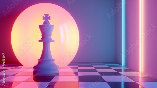 A chess piece in neon light. Board game. A competitive concept. Fashionable colors
