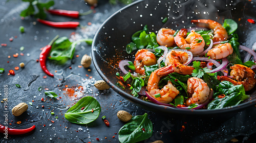 Flying wok ingredients  shrimp  vegetables  pak choi leaves  onions and peanuts  Asian food delivery  Chinese recipes  Wok preparation ingredients  Copy space