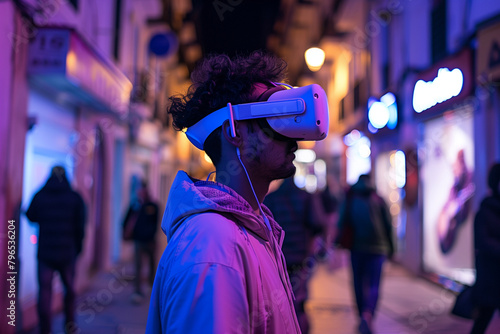 Man appearing lost in VR, yet grounded in a traditional street setting. photo