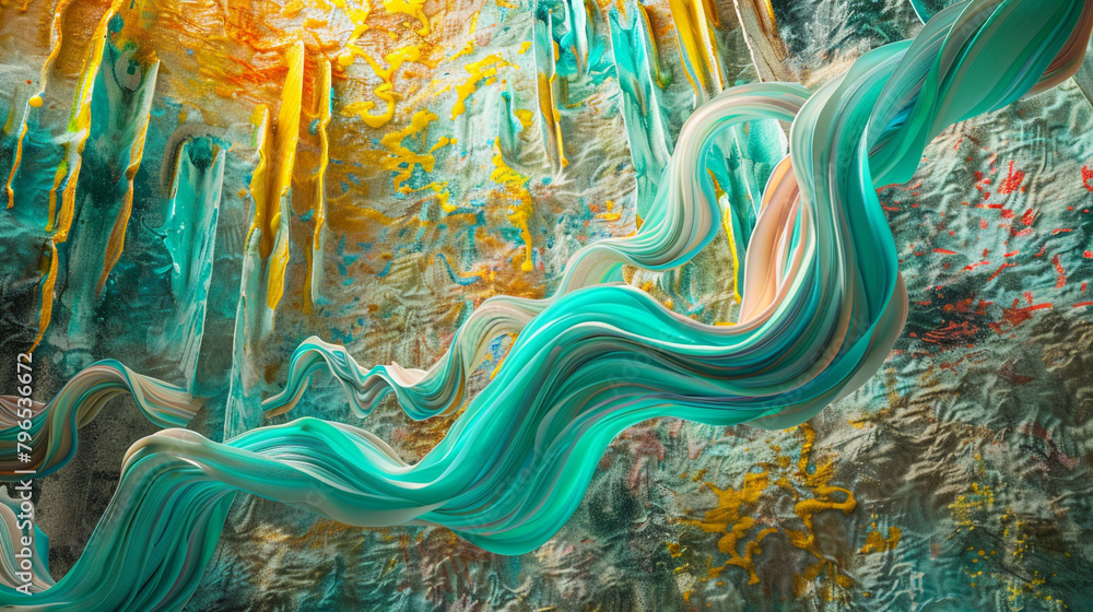 Swirling ribbons of turquoise, coral, and lemon yellow cascading down a textured canvas
