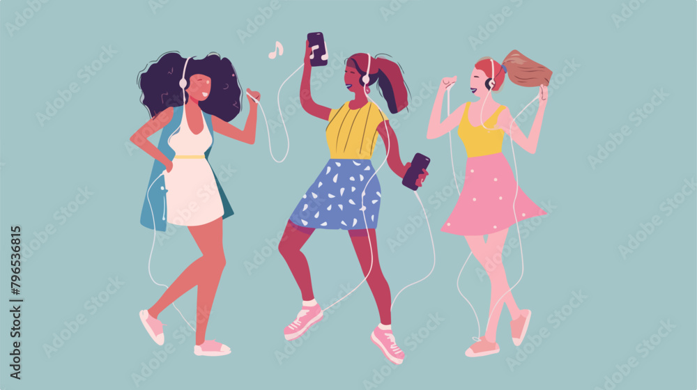 Young cheerful women sharing their earphone and listen