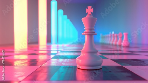 Chess pieces in neon light. Board game. A competitive concept. Trendy colors