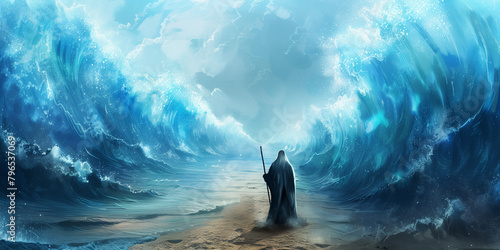 Moses with his staff parting the Red Sea illustration photo