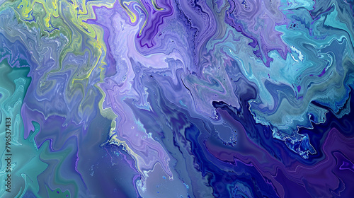 Waves of liquid cerulean  lavender  and chartreuse forming an enchanting abstract canvas of painted hues.