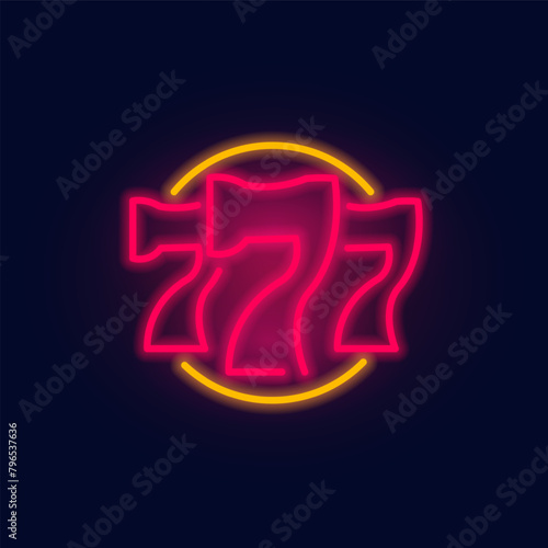Fashion jackpot, numbers 777, neon sign. Night bright signboard, Glowing light. Summer logo, emblem for Club or bar concept