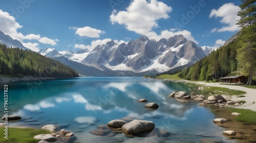 A serene lake surrounded by large rocks and snow-capped mountains in the background.