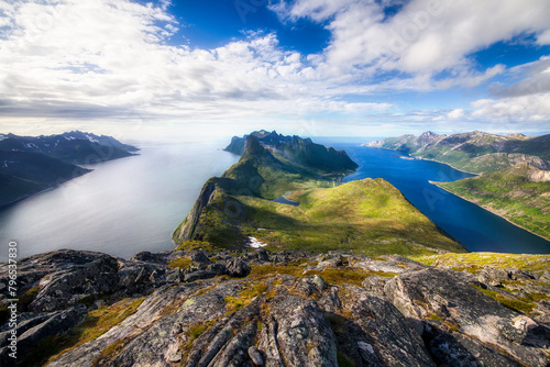 View from Barden on the Beautiful Island of Senja in Norway, with Mefjorden and Ornfjorden and the Famous Segla Rock photo