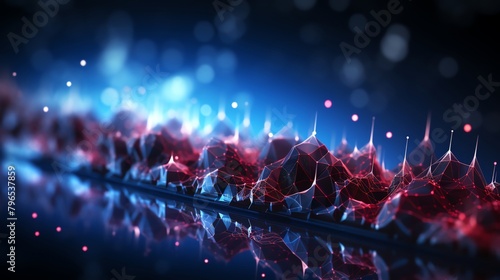 3D rendering of a mountain range with glowing red crystals and a starry night sky.