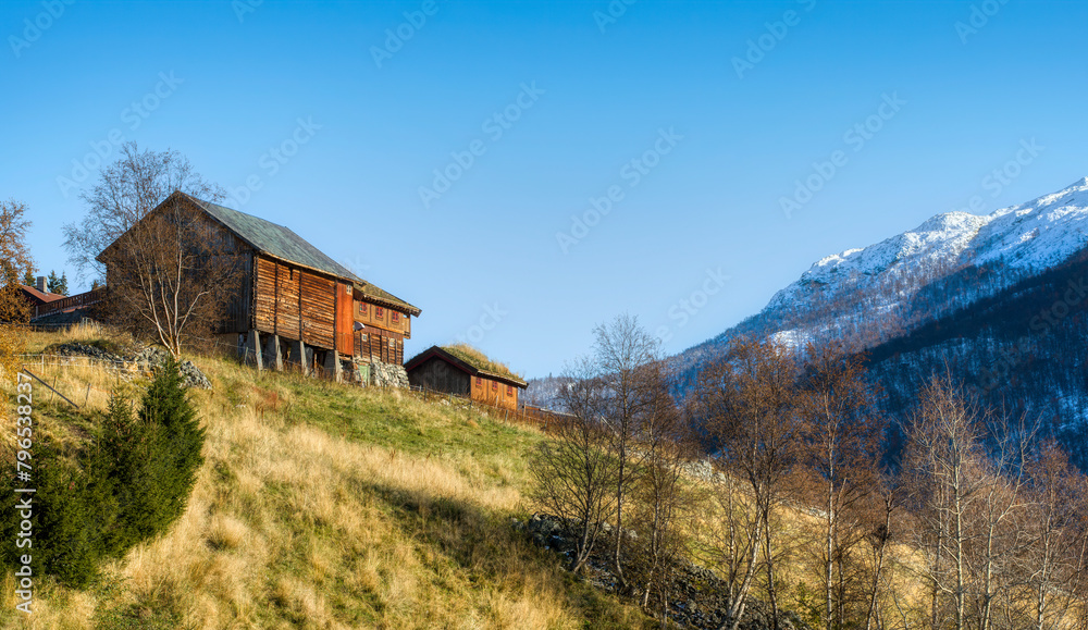 Traditional Agricultural Buildings in the Beautiful Valley of Hemsedal in Viken, Norway