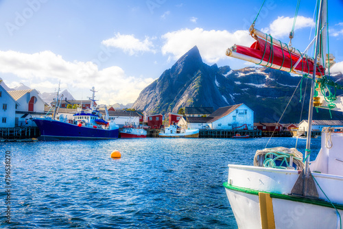 The Fishing Village of Hamnoy, near Reine, in Lofoten, Norway, with the Famous Mount Olstind