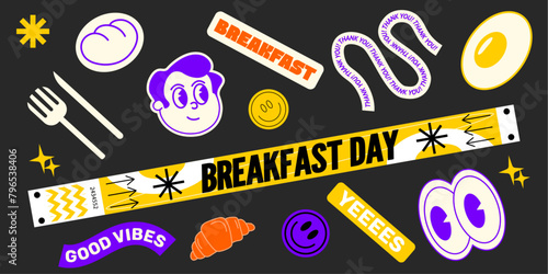 collection of various patches, labels, tags, stickers, brands of bracelets for a breakfast & cafe. thank you,.Funky hipster stickers in 90s style. Vector set, trendy promo