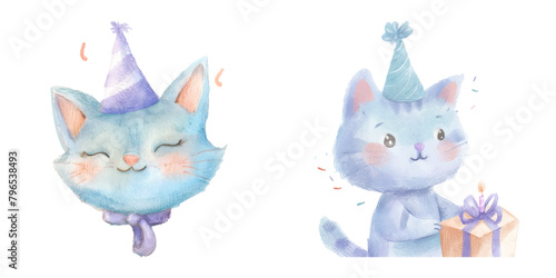 cute cat birthday party watercolor vector illustration