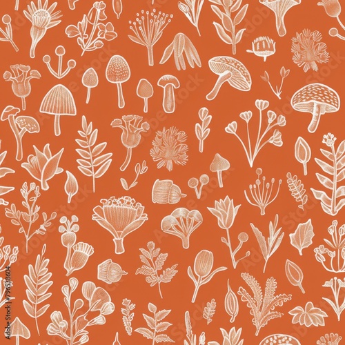 Hand-Drawn Botanical and Mushroom Pattern on Orange Background