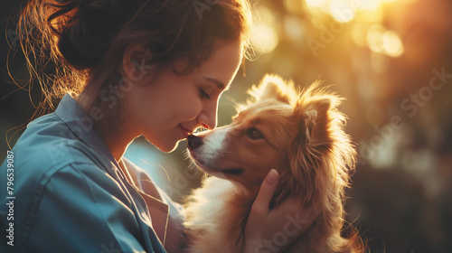A compassionate veterinarian gently examining a rescued animal and shares a heartwarming nose-to-nose moment with her dog as the sun sets, evoking warmth and companionship. photo