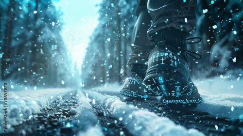 A hiker trekking through snowy mountains, embracing the cold winter landscape, AI generative.