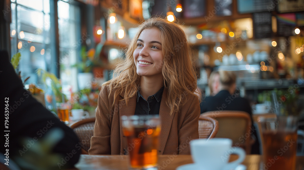 Young Woman Enjoying a Drink in a Cozy Café Young Woman Enjoying a Drink in a Cozy Café