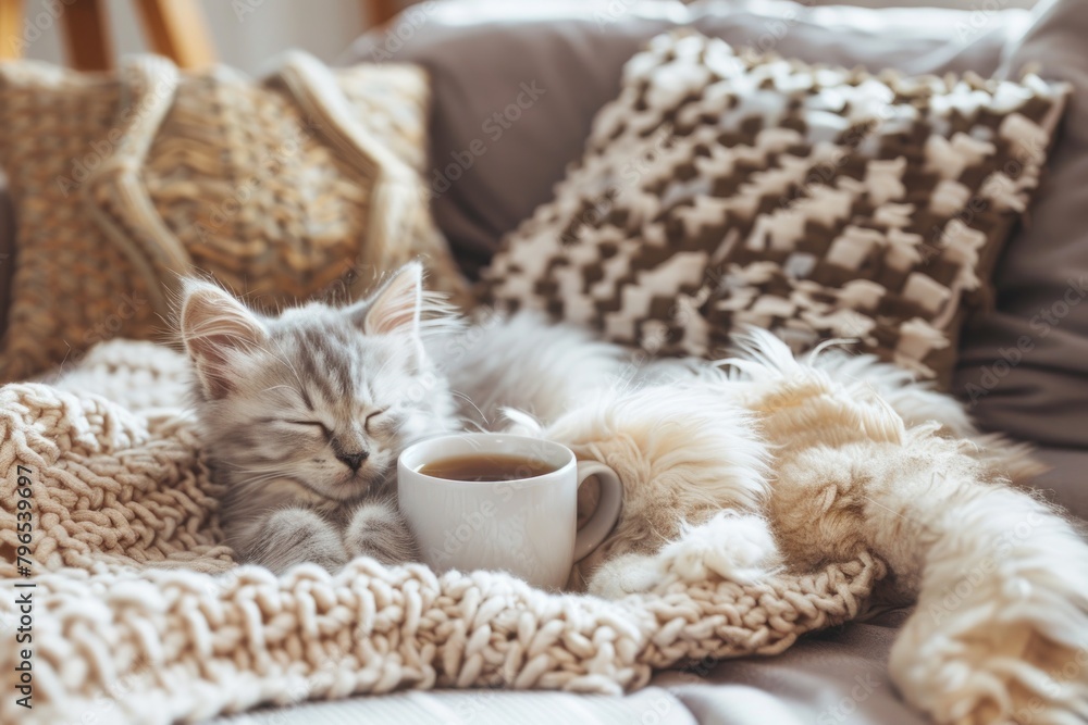 Obraz premium Cozy Kitten Slumbering Peacefully Beside Warm Coffee Mug