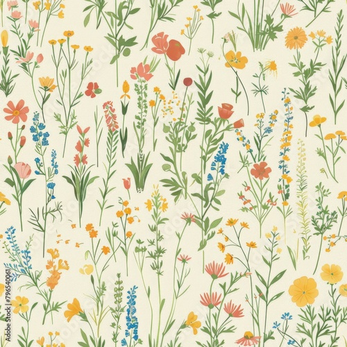 Vintage Floral Pattern with Colorful Wildflowers