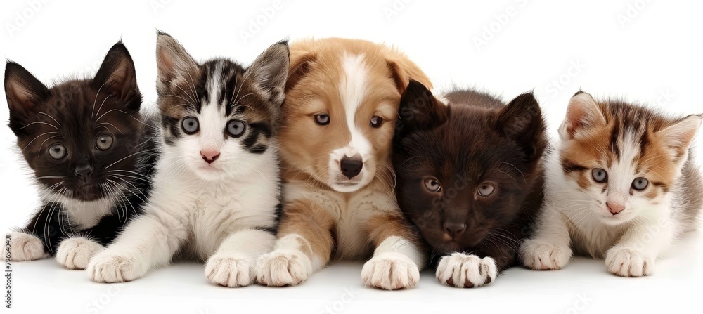 Assorted cats and dogs in high quality studio portrait on white backdrop with ample copy space
