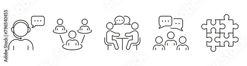 Job Meeting Line Icon Set. Work Conference Linear Pictogram. Teamwork And Management Outline Symbol Collection. Corporate Group Discussion Sign. Editable Stroke. Isolated Vector Illustration