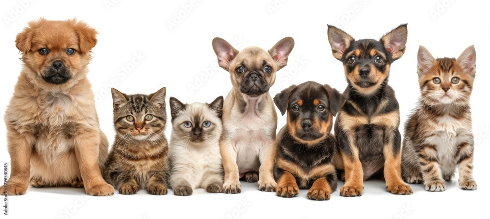 Assorted cats and dogs group photo in studio against white background with room for text Assorted cats and dogs group photo in studio against white background with room for text