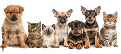 Assorted cats and dogs group photo in studio against white background with room for text © Ilja