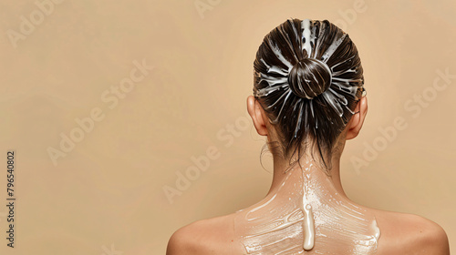 Young woman applying hair mask on beige background background